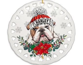 PERSONALIZED -English Bulldog Ceramic Ornament. Cute Gift for Christmas, Family, Holiday Season, Dog Parents, Dog Mom, Dog Dad, Furry Friend