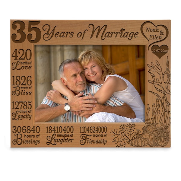 PERSONALIZED-35 Years of Marriage Picture Frame. Thirty Five Years Coral Anniversary Gift for Couple, Husband and Wife. Couple Photo Gift