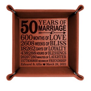 PERSONALIZED - 50 Years of Marriage Engraved Leather Valet Tray. Traditional Fiftieth Anniversary Gifts for Couple, Husband and Wife