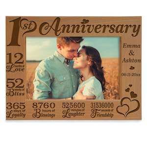 PERSONALIZED - 1st Anniversary Engraved Natural Wood Picture Frame. One Year Paper Anniversary, Marriage Gifts for Couple, Husband and Wife