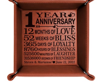 PERSONALIZED - 1 Year Anniversary Engraved Leather Valet Tray. 1st Anniversary or Wedding for Couples, Husband, Wife, Boyfriend, Girlfriend