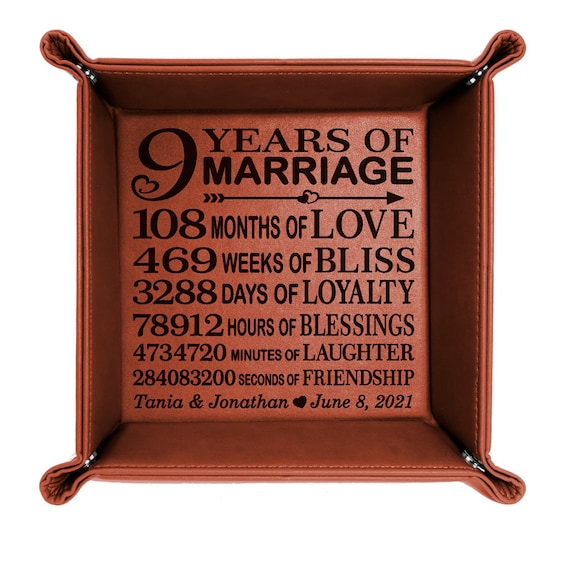 PERSONALIZED - 9 Years of Marriage Engraved Leather Valet Tray