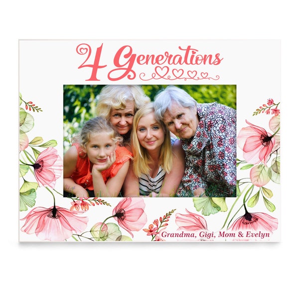 PERSONALIZED - Four Generations Pink Flowers Picture Frame. Gift for Family's 4th Generation, Four Generations of Love, Mother's Day Gift