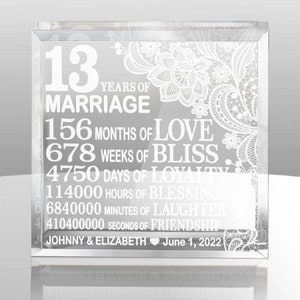 PERSONALIZED - 13 Years of Marriage Engraved Acrylic Keepsake, Paperweight. Traditional 13th Anniversary Lace Gift for Couple, Husband, Wife