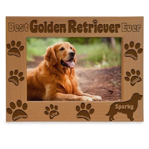 May include: A wooden photo frame with a cutout of a golden retriever dog and the words "Best Golden Retriever Ever". The frame has paw prints with words like "friendly", "reliable", "intelligent", "kind", "trustworthy", "confident", and "loyal". The dog's name is "Sparky".