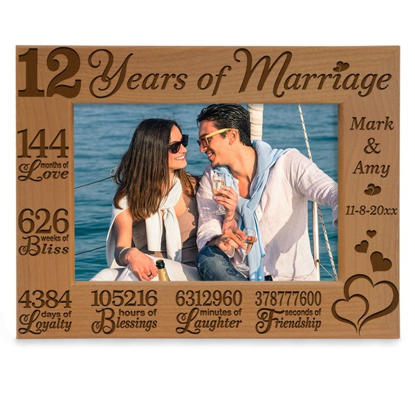 PERSONALIZED - 12 Years of Marriage Engraved Picture Frame. Twelve Years Silk Anniversary Gift for Couple, Husband and Wife. Couple Photo