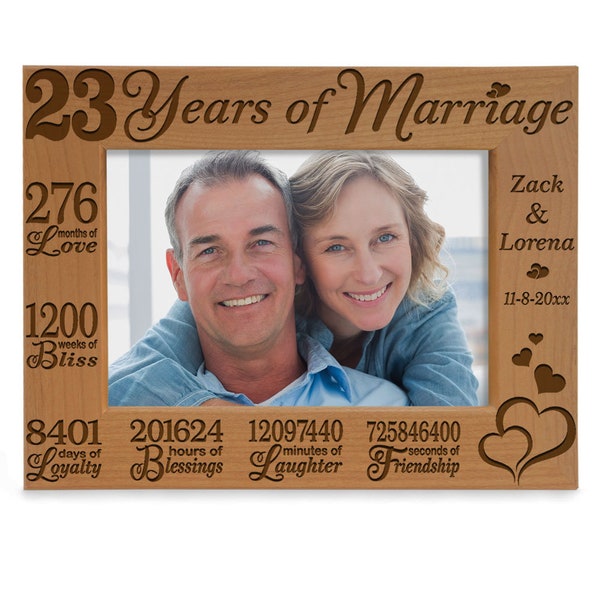 PERSONALIZED - 23 Years of Marriage Engraved Picture Frame. Twenty Three Years Silver plate Anniversary Gift for Couple, Husband and Wife