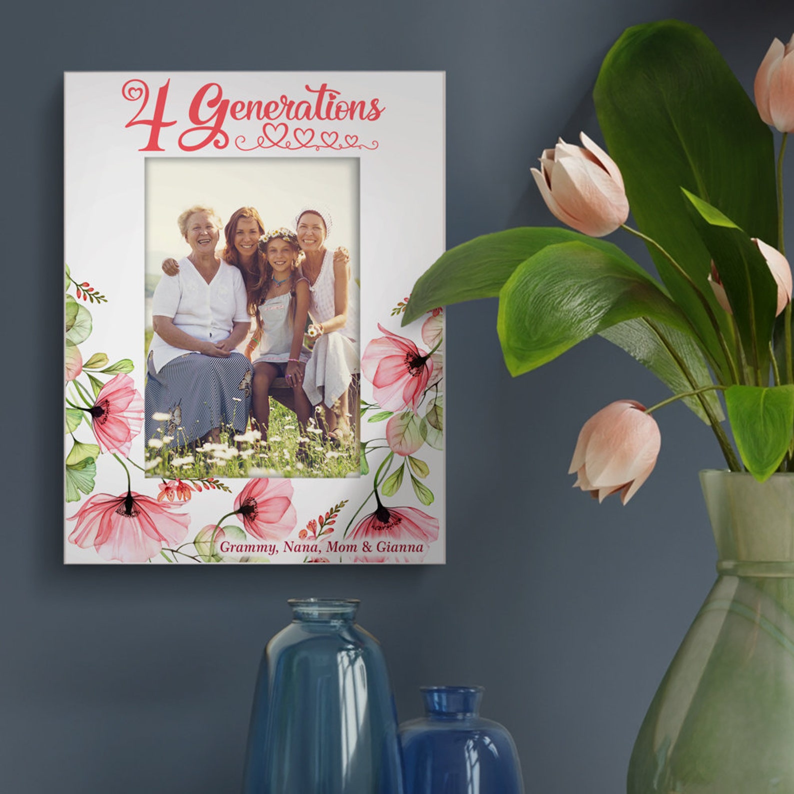 PERSONALIZED - Four Generations Pink Flowers Picture Frame. Gift for ...