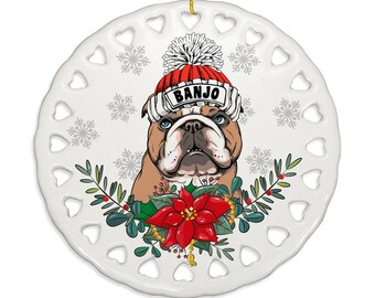 PERSONALIZED-Adorable English Bulldog Ceramic Ornament. Christmas, Family, Holiday Season, Dog Parents, Dog Mom, Dog Dad, Furry Friend Gift
