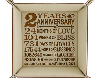 PERSONALIZED - 2 Years Anniversary Engraved Leather Valet Tray. 2nd Anniversary for Couple or Wedding, Husband, Wife, Boyfriend, Girlfriend