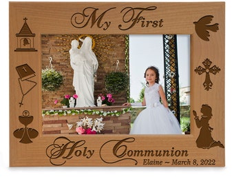 PERSONALIZED-My First Holy Communion Engraved Religious Picture Frame. Gift for Girls First Communion  from Godparents or Priests Photo Gift