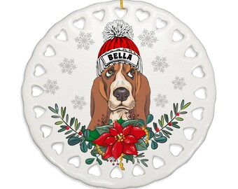PERSONALIZED - Basset Hound Dog Ceramic Ornament. Gift for Christmas, Family, Holiday Season, Dog Parents, Dog Mom, Dog Dad, Furry Friend