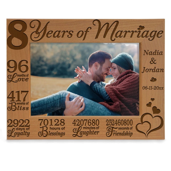 PERSONALIZED -  8 Years of Marriage Engraved Picture Frame. Eight Years Bronze Anniversary Gift for Couple, Husband and Wife. Couple Photo