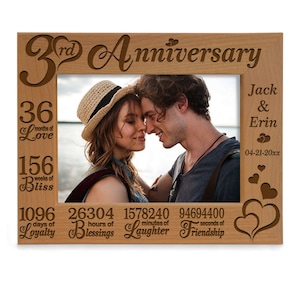 PERSONALIZED-3rd Anniversary Picture Frame. Three Years Anniversary, Marriage Gift for Couple, Girlfriend And Boyfriend Anniversary