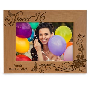PERSONALIZED - Sweet 16 Rose & Butterfly Engraved Natural Wood Picture Frame. Sixteenth Birthday Gifts, 16th Year Gifts for Daughter