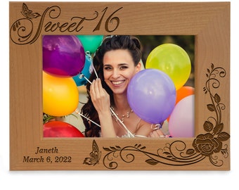 PERSONALIZED - Sweet 16 Rose & Butterfly Engraved Natural Wood Picture Frame. Sixteenth Birthday Gifts, 16th Year Gifts for Daughter