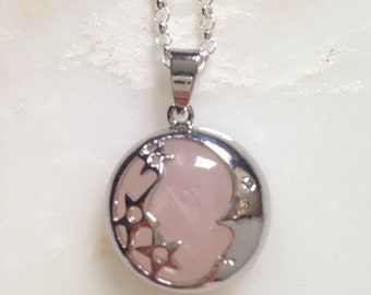 Rose Quartz Moon and Stars with a Sterling Silver Filled Necklace