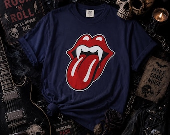 Camiseta de labios de vampiro rock / Camiseta de rock and roll espeluznante / Camiseta con estampado de lengua de colmillo / Camiseta estilo banda de Halloween / Camiseta para amantes de la música gótica
