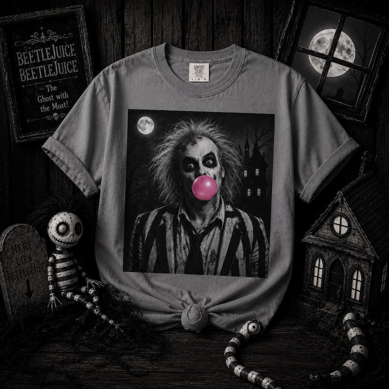 Beetlejuice Bubble Gum Shirt, Gothic Halloween Tee, Vintage Horror Comfort Colors Baggy Fit