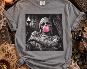 Mummy Bubblegum Graphic Tee, Spooky Egyptian Halloween Shirt, Comfort Colors Cotton