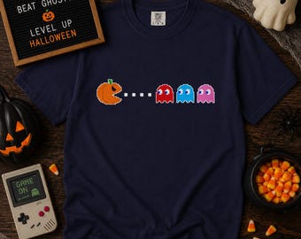 Camiseta de Halloween con temática de videojuegos retro y fantasmas de máquinas recreativas / Camiseta de Halloween con temática de calabaza pixelada / Camiseta cómoda con colores espeluznantes para gamers