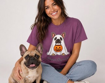 Camiseta de Halloween para bulldog francés, camiseta de bulldog francés, camiseta de fantasma para bulldog francés, camiseta de Halloween para mamás perrunas, camiseta de perro espeluznante y adorable, regalo para amantes de los bulldogs franceses
