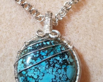 Handmade Wire Wrapped Sterling Silver and Turquoise Pendant and Necklace