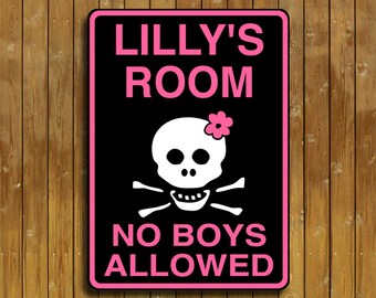 Personalized skull sign with pink flower and skull. No boys allowed!