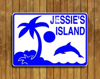Island sign, with dolphin and palm tree. weatherproof aluminum, personalized and shipped fast!