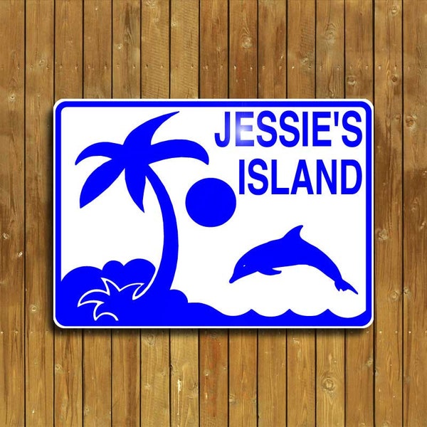 Island sign, with dolphin and palm tree. weatherproof aluminum, personalized and shipped fast!