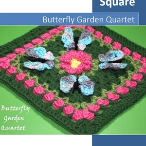 May include: A green crochet square with a butterfly garden quartet design. The square features four pink flowers with yellow centers and four butterflies with blue, gray, and white wings.