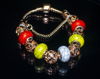 European Style Bracelet, charm bracelet, handmade jewelry, handmade bracelet, gold colour bracelet and charms