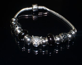 European Style Bracelet, jaguar bead,bracelet charm, black and silver beaded bracelet, handmade jewelry, handmade men bracelet, gift for him