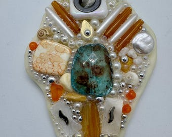 One of a Kind Turquoise Mosaic Pendant - Wearable Art Necklace - Cold Porcelain Jewelry