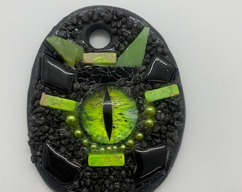 Dragon Eye Necklace - Green Gothic Pendant, Fantasy Jewelry, Cold Porcelain One of a  Kind