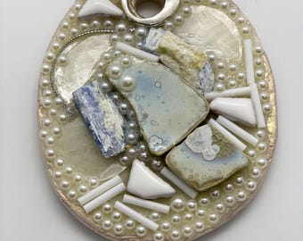 Kyanite Pendant Necklace OOAK - Large Statement Gemstone Jewelry - Cold Porcelain Mosaic