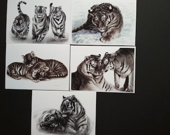 Lot de 5 cartes d'art tigre - cartes de voeux vierges avec illustrations d'animaux sauvages - cadeau pour amoureux des animaux