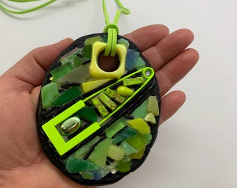 Cold Porcelain Statement Necklace OOAK - Green Mosaic Pendant