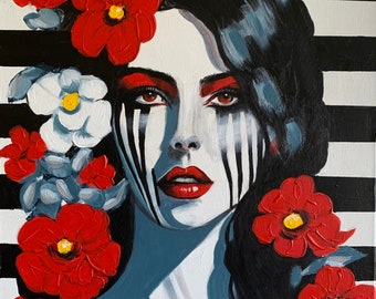 Original Acrylic painting, "A Floral Enigma", by 83 times internationally awarded artist, red, black, modern