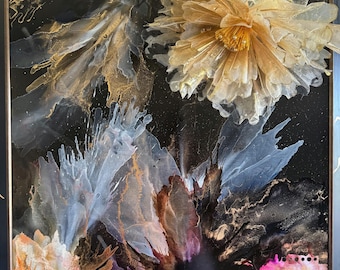 Mixed media artwork with a sculptural crystal-like flower, original artwork, ink painting