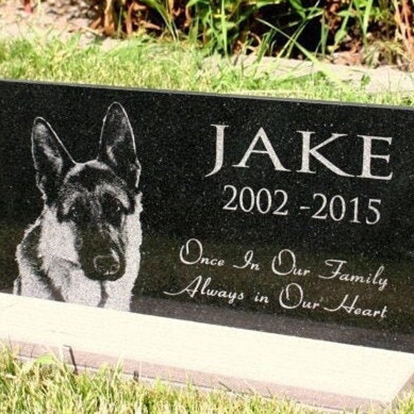 Pet Memorial Headstone Grave Marker 12 x 6 Inch or 12 x12 Custom Photo Engraved Solid Granite Stone Optional Base Stand Indoor Outdoor