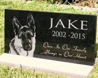 Pet Memorial Headstone Grave Marker 12 x 6 Inch or 12 x12 Custom Photo Engraved Solid Granite Stone Optional Base Stand Indoor Outdoor