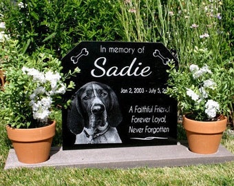 Pet Memorial Pet Loss Engravevd Granite Headstone Upright Pet Grave Marker Extra Wide Base Stand 12 x 12 inch Stone Customized Photo