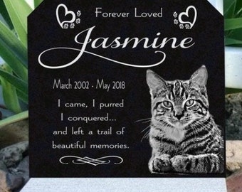 Cat Loss Pet Memorial Grave Marker Granite Engraved Headstone Custom Photo Solid Granite Heavy Base Stand Indoor Outdoor