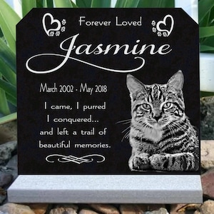 Cat Loss Pet Memorial Grave Marker Granite Engraved Headstone Custom Photo Solid Granite Heavy Base Stand Indoor Outdoor