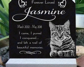 Cat Loss Pet Memorial Grave Marker Granite Engraved Headstone Custom Photo Solid Granite Heavy Base Stand Indoor Outdoor