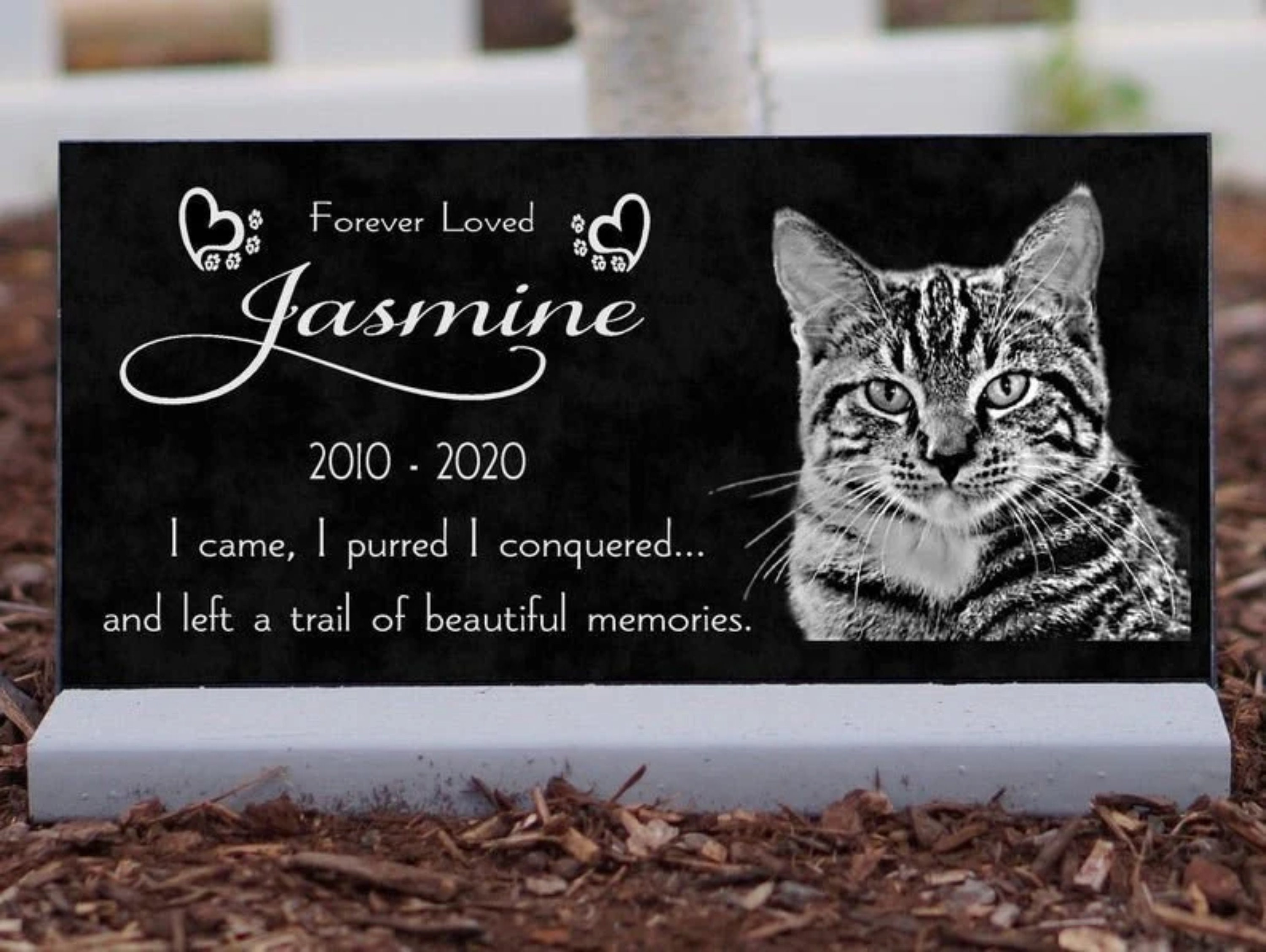 Pet Memorial Plaque Pet Loss Engraved Cat Grave Marker Solid Granite Custom Photo Stone Heavy Base Stand Indoor/Outdoor Headstone