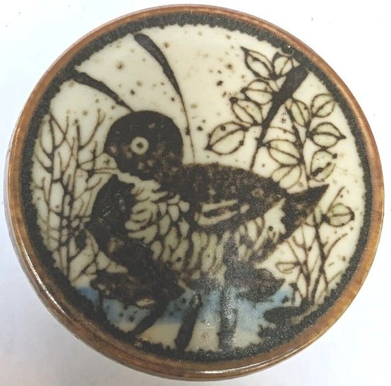 Duck Scene Lidded Trinket Dish Speckled Stoneware… - image 1