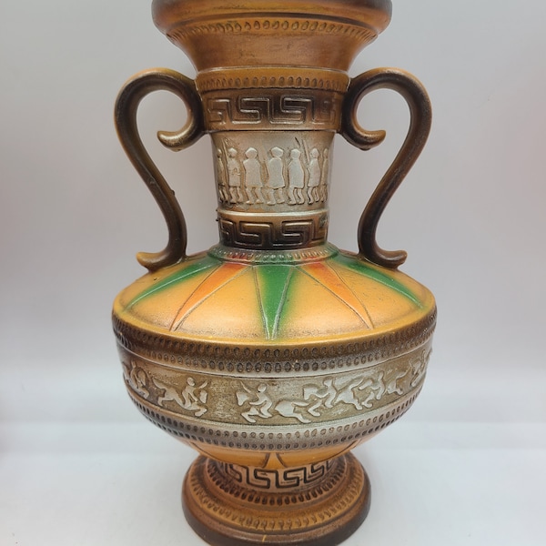 Greek Motif Vase Double Handled Footed Embossed Hand Painted Vintage Japan