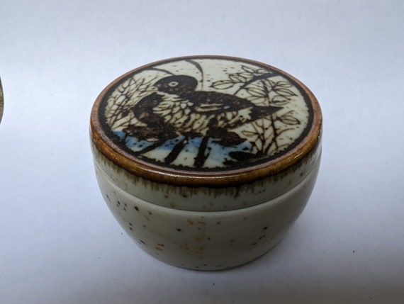 Duck Scene Lidded Trinket Dish Speckled Stoneware… - image 3